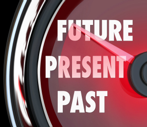 Future, Present and Past words on a red speedometer to predict what's coming next and looking forward to a successful tomorrow
