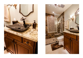Gilbert AZ guest bathroom remodel with dark wood cabinets and light granite counters.