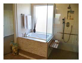 Ahwatukee AZ master bathroom remodel with an accessible shower and soaking tub.